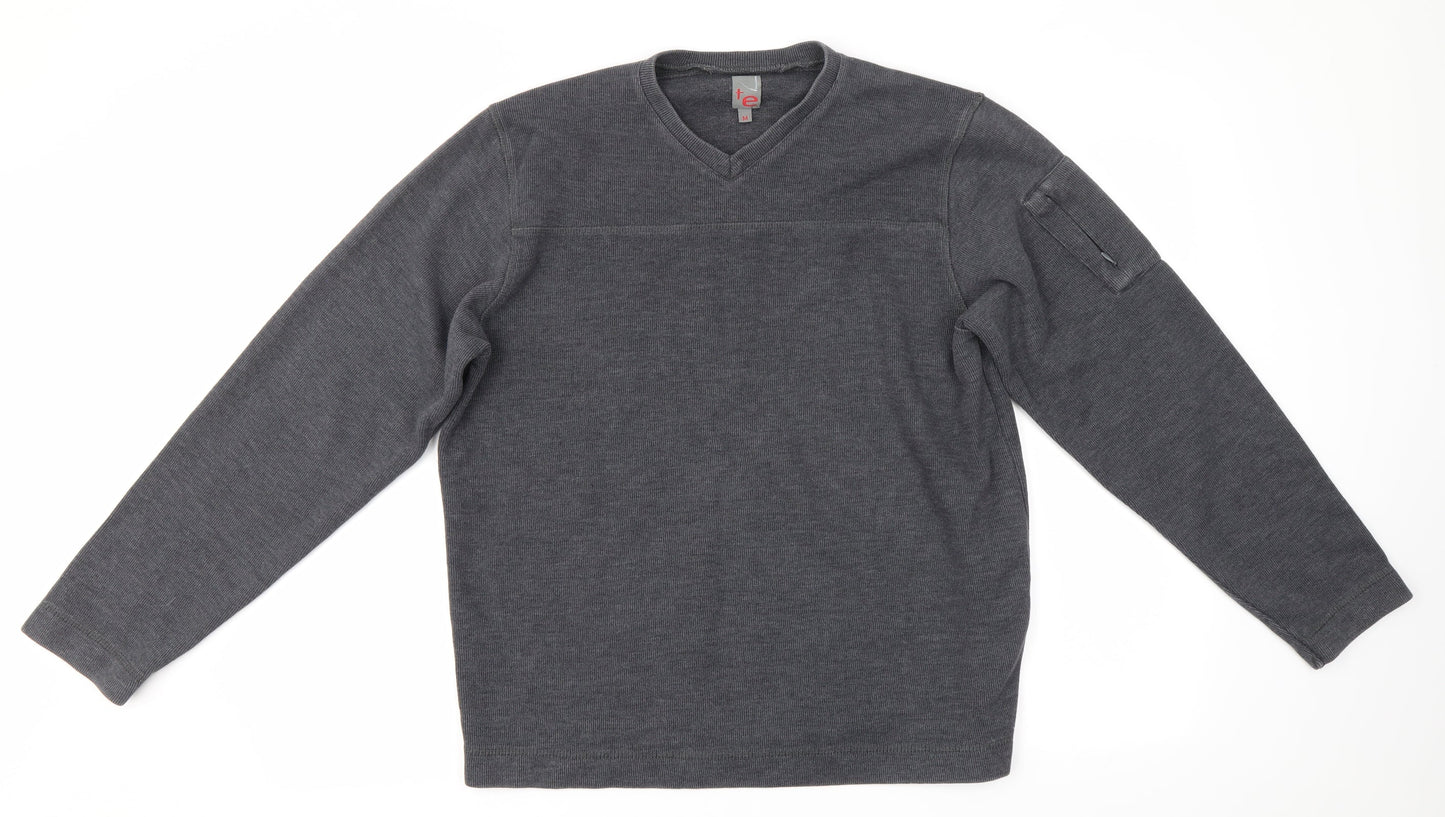 te Mens Grey V-Neck  Polyester Pullover Jumper Size M