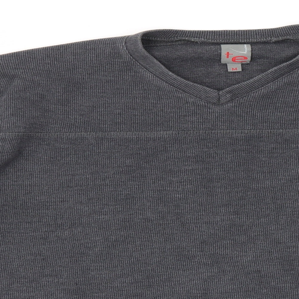 te Mens Grey V-Neck  Polyester Pullover Jumper Size M