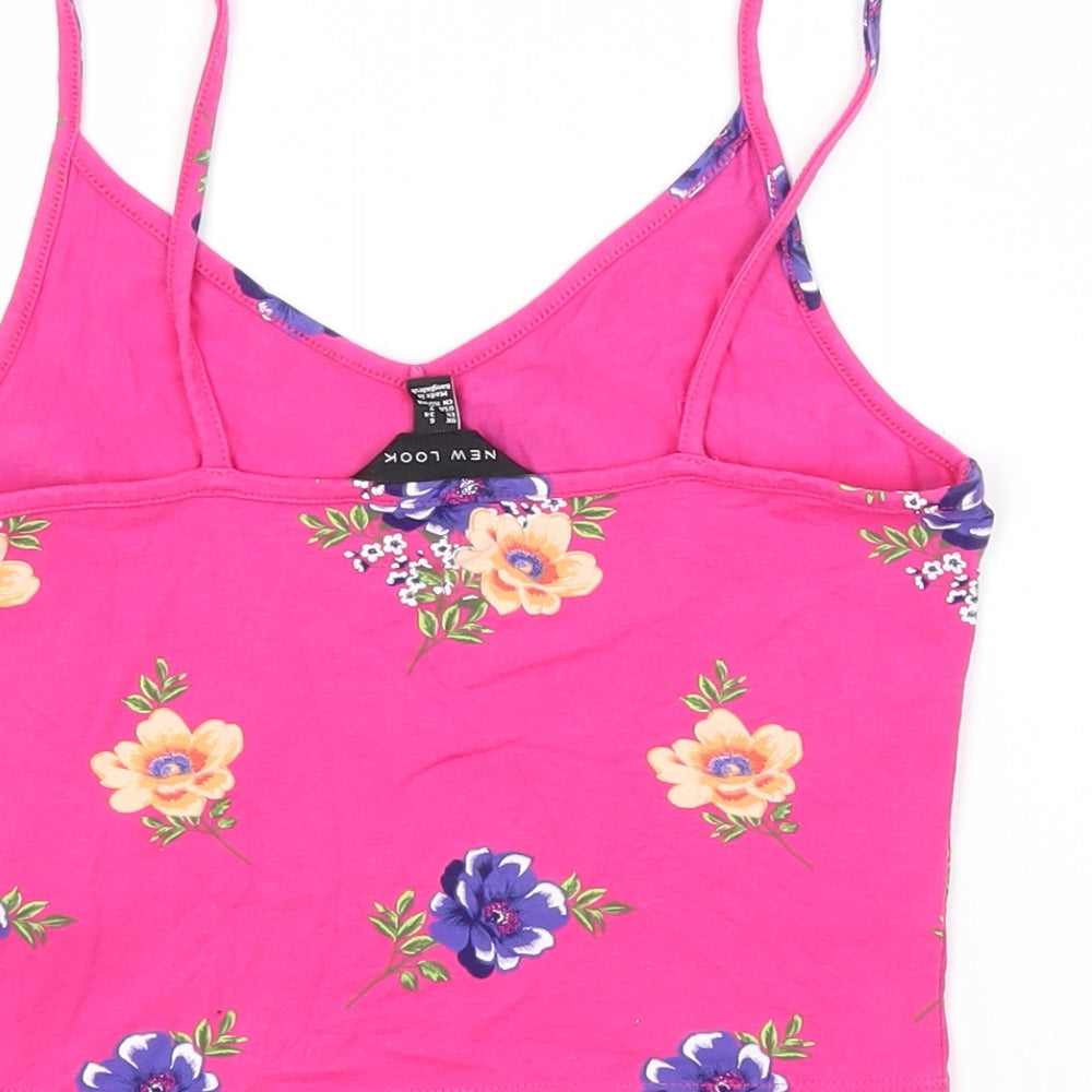 New Look Womens Pink Floral Cotton Basic Tank Size 6 V-Neck