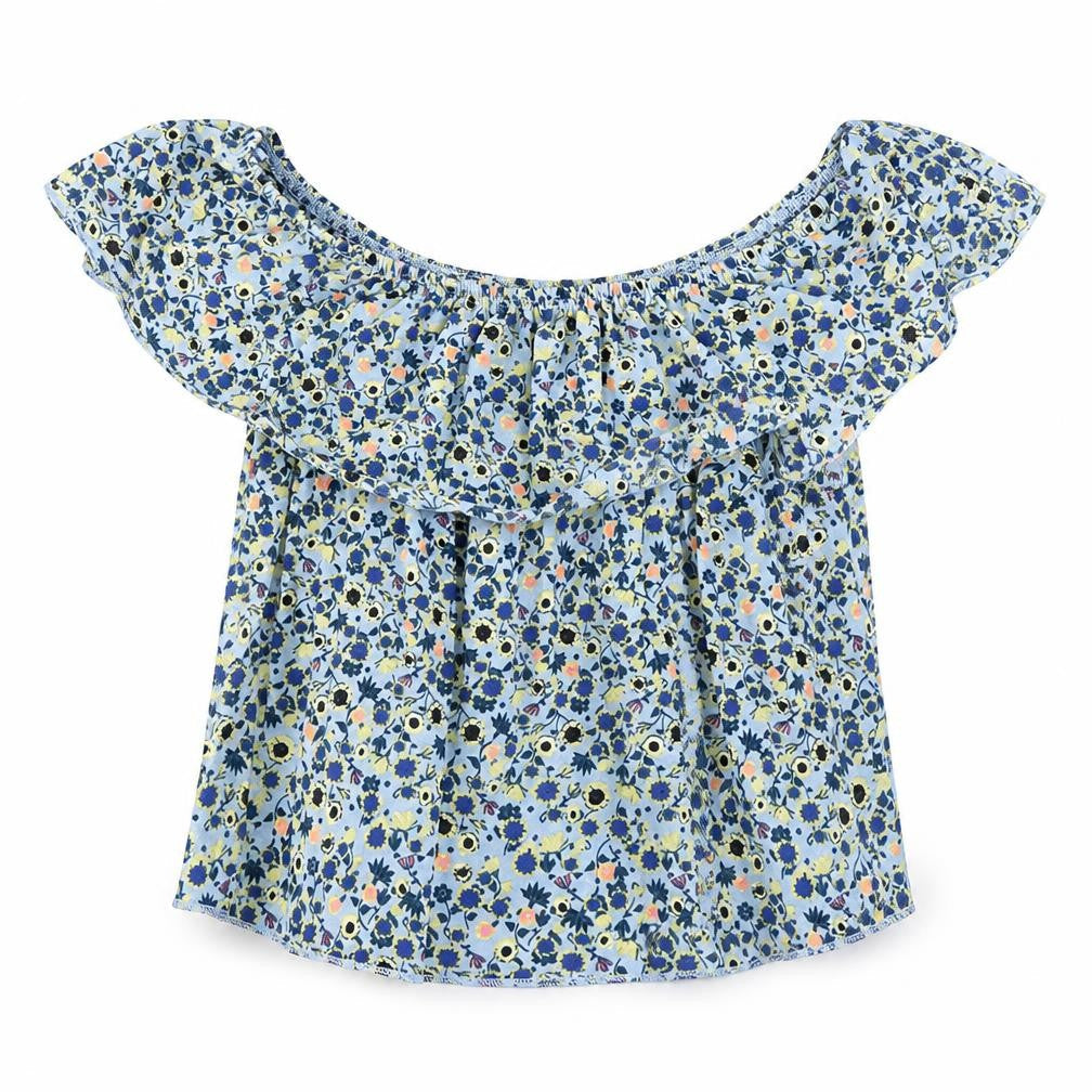 Topshop Womens Blue Floral Polyester Basic Blouse Size 6 Boat Neck