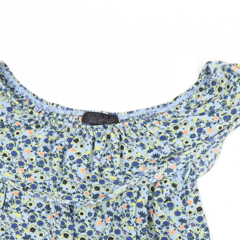 Topshop Womens Blue Floral Polyester Basic Blouse Size 6 Boat Neck