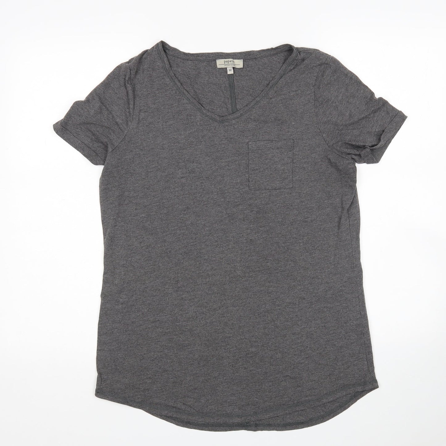 Papaya Womens Grey  Viscose Basic T-Shirt Size M V-Neck