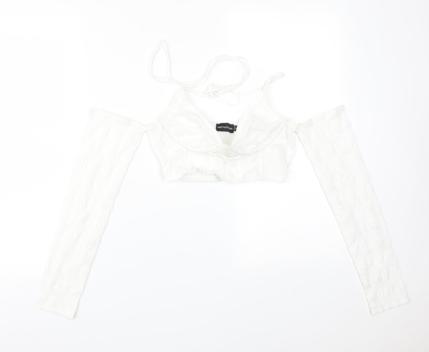 PRETTYLITTLETHING Womens White  Polyester Basic T-Shirt Size 6 V-Neck