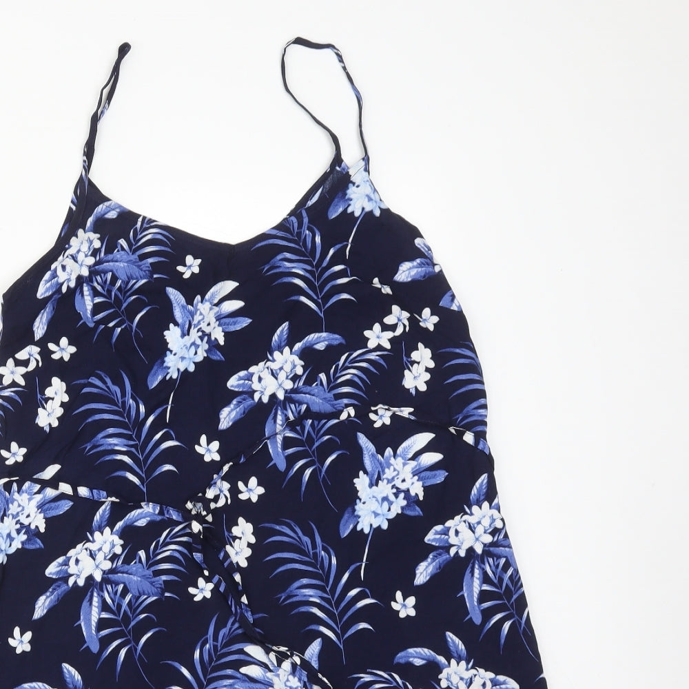Oasis Womens Blue Floral Viscose Basic T-Shirt Size 8 V-Neck