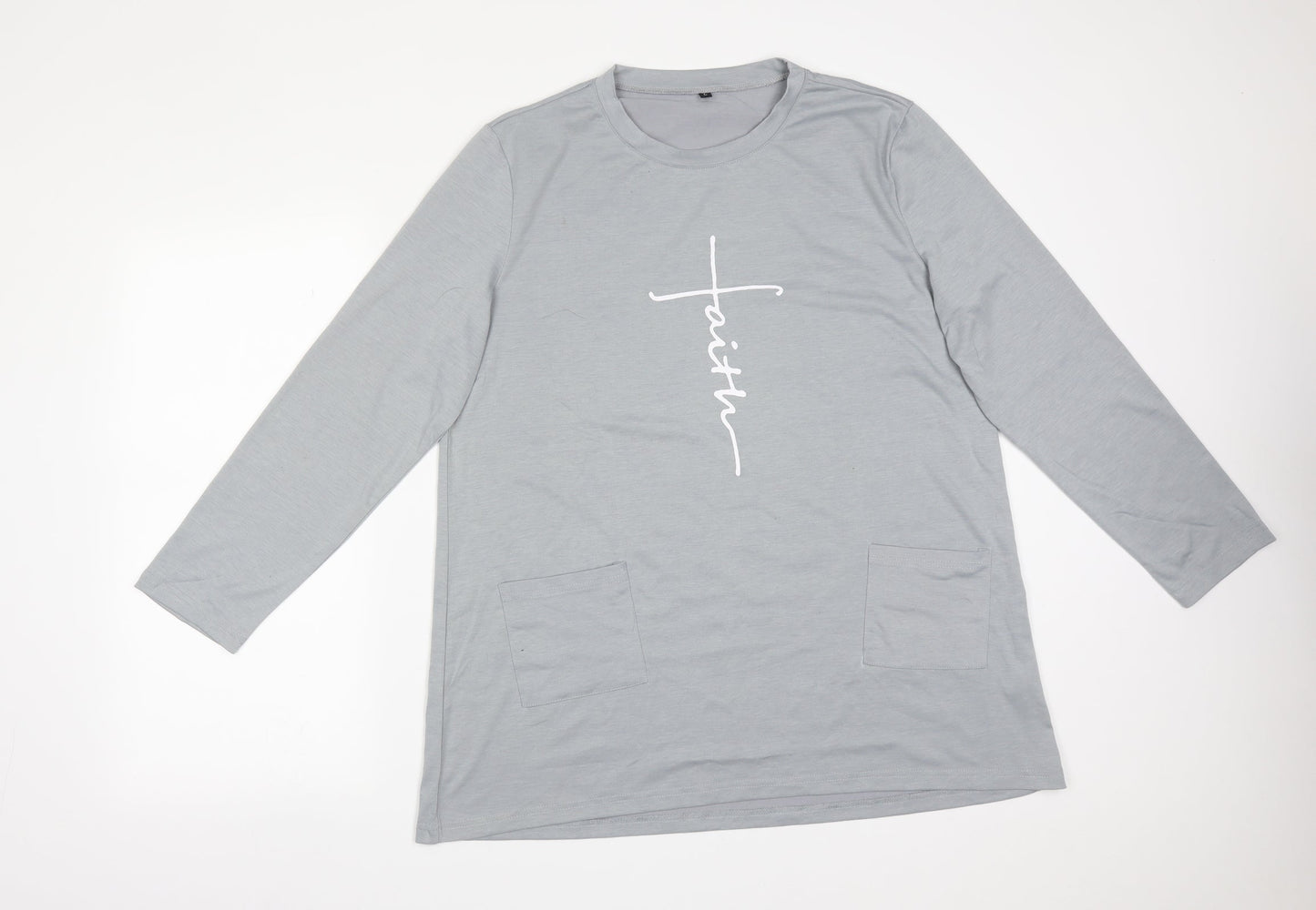 Preworn Womens Grey  Polyester Basic T-Shirt Size L Round Neck - FAITH