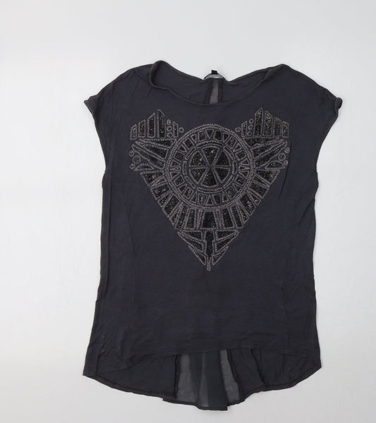 Warehouse Womens Grey Geometric  Basic Blouse Size 10 Crew Neck