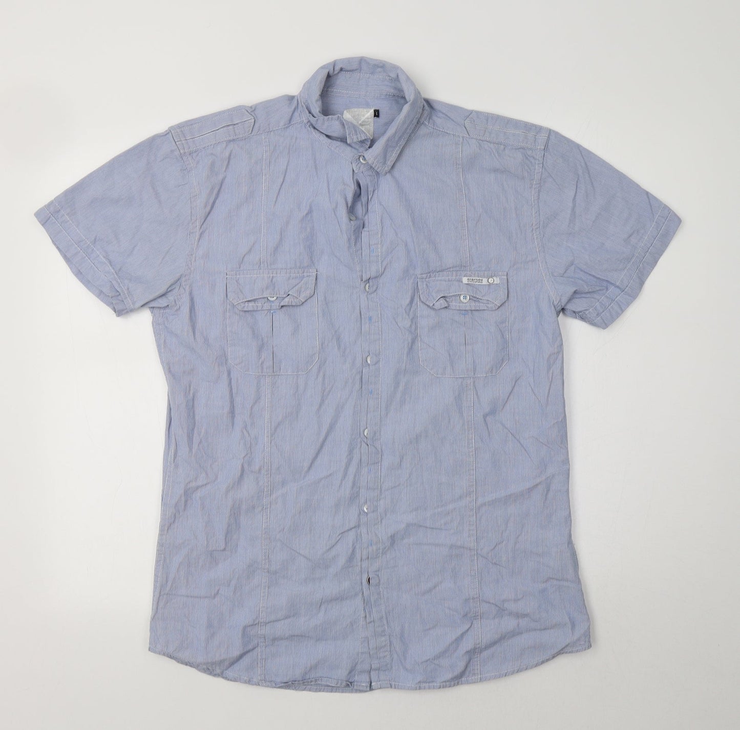Crafted Mens Blue Striped Cotton  Button-Up Size L Collared