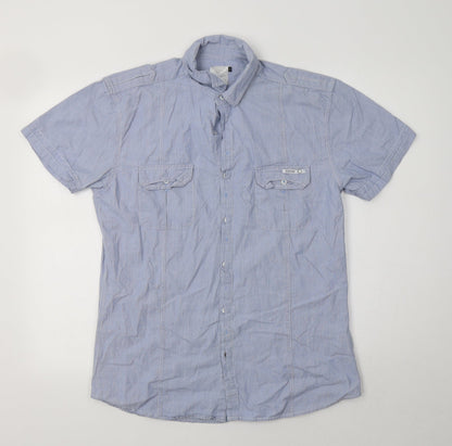 Crafted Mens Blue Striped Cotton  Button-Up Size L Collared