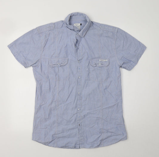 Crafted Mens Blue Striped Cotton  Button-Up Size L Collared