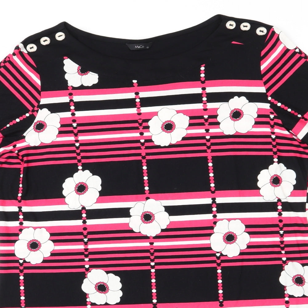 M&Co Womens Black Floral Viscose A-Line  Size 12  Round Neck  - White Flowers Pink Stripes