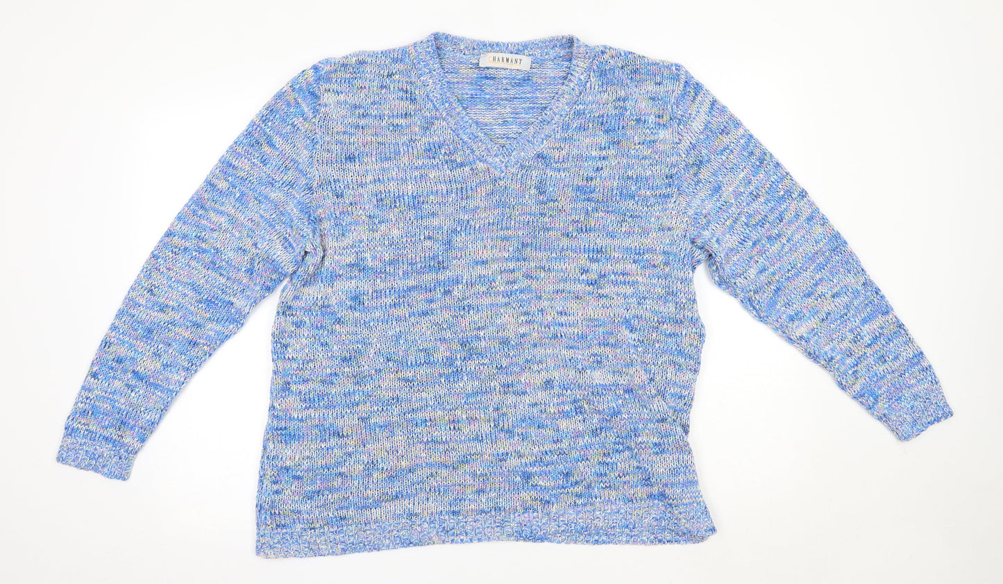 Charmant Womens Blue V-Neck  Acrylic Pullover Jumper Size L