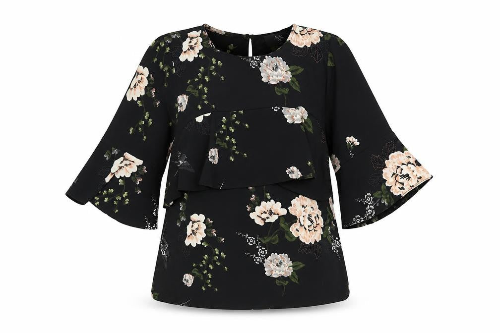 AX Paris Womens Black Floral Polyester Basic T-Shirt Size 8 Round Neck