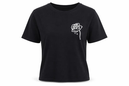 Preworn Womens Black  Cotton Basic T-Shirt Size S Round Neck - Rose Detail