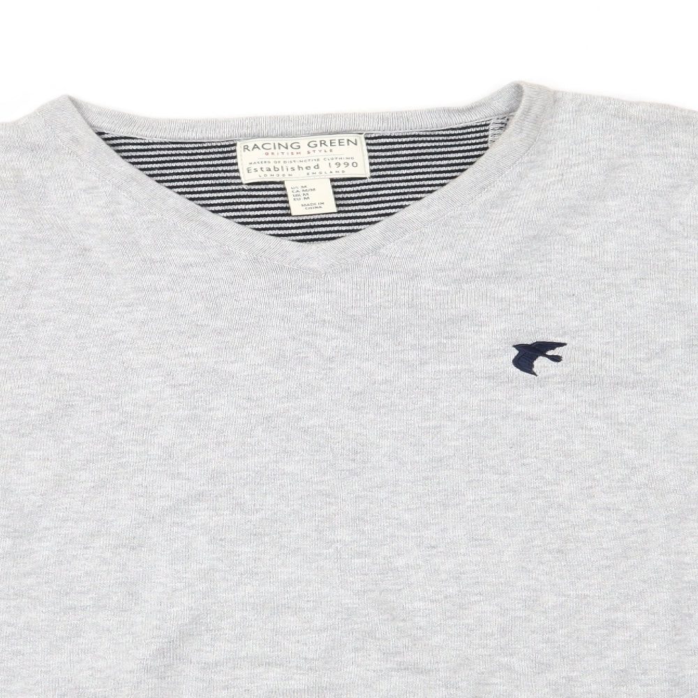 Racing Green Mens Grey V-Neck  Cotton Pullover Jumper Size M   - Pale Grey Bird Graphic