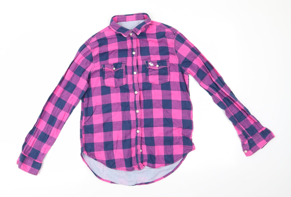 Abercrombie & Fitch kids Girls Pink Check Cotton Basic Button-Up Size XL Collared  - Blue & Pink Check and lined blue & white