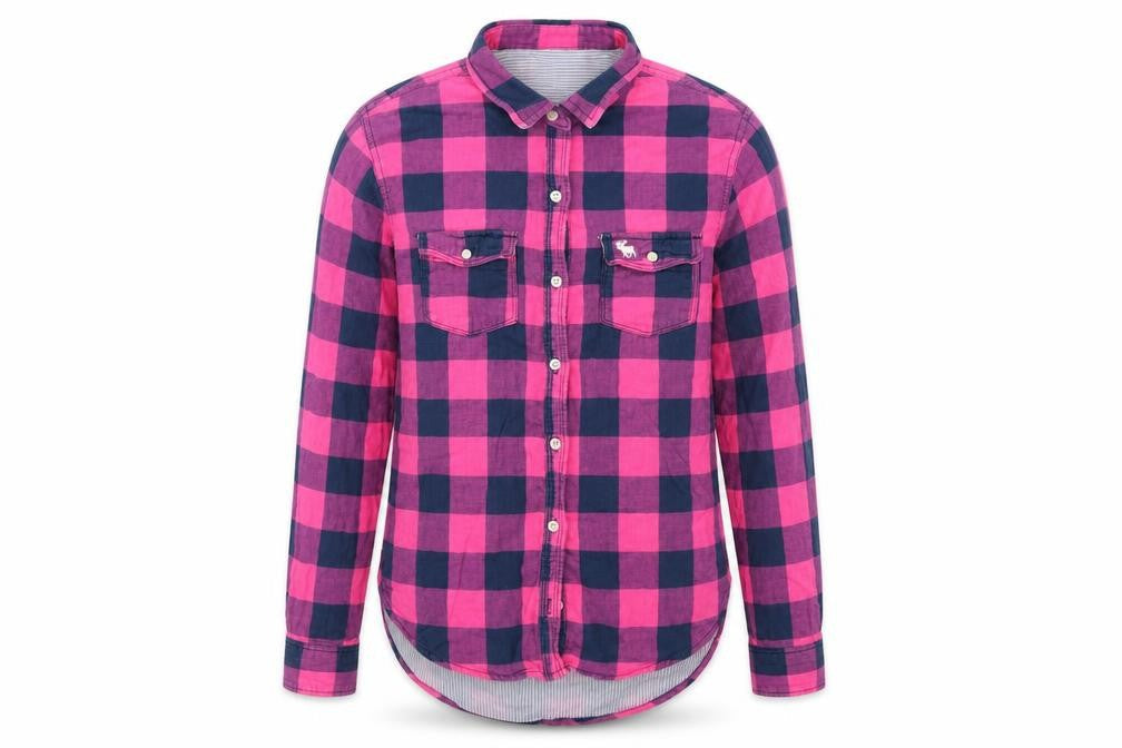 Abercrombie & Fitch kids Girls Pink Check Cotton Basic Button-Up Size XL Collared  - Blue & Pink Check and lined blue & white