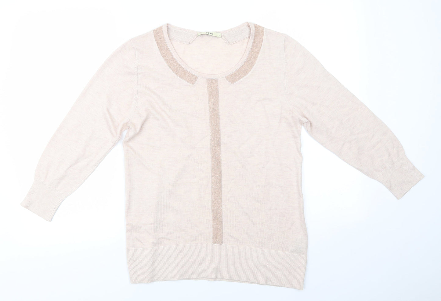 Oasis Womens Beige Round Neck  Polyester Pullover Jumper Size L   - Glitter Trim to collar and centre Pinkish Beige