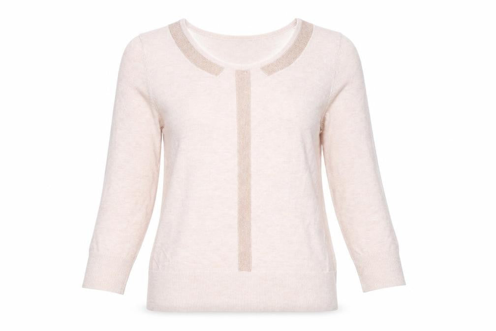 Oasis Womens Beige Round Neck  Polyester Pullover Jumper Size L   - Glitter Trim to collar and centre Pinkish Beige