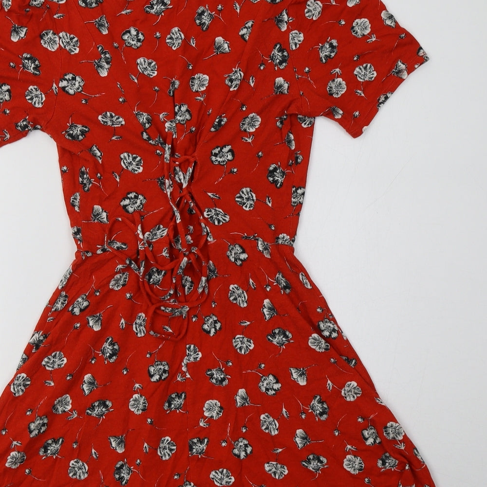 Topshop Womens Red Floral Viscose Fit & Flare  Size 4  V-Neck