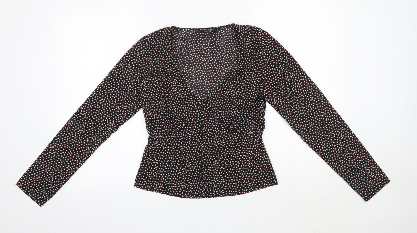 Brave Soul Womens Black Floral Polyester Basic Blouse Size S V-Neck