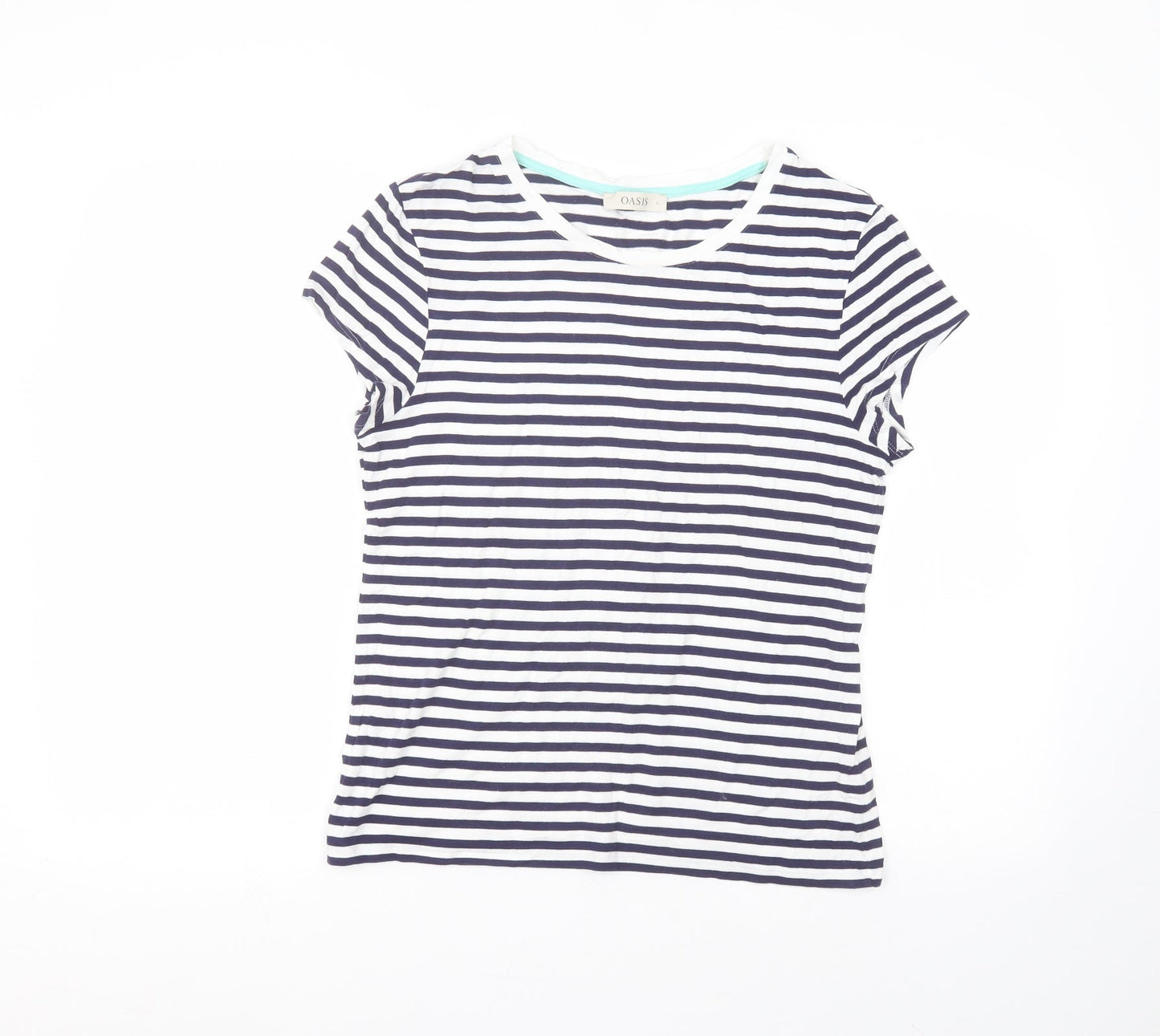 Oasis Womens White Striped Viscose Basic T-Shirt Size L Round Neck