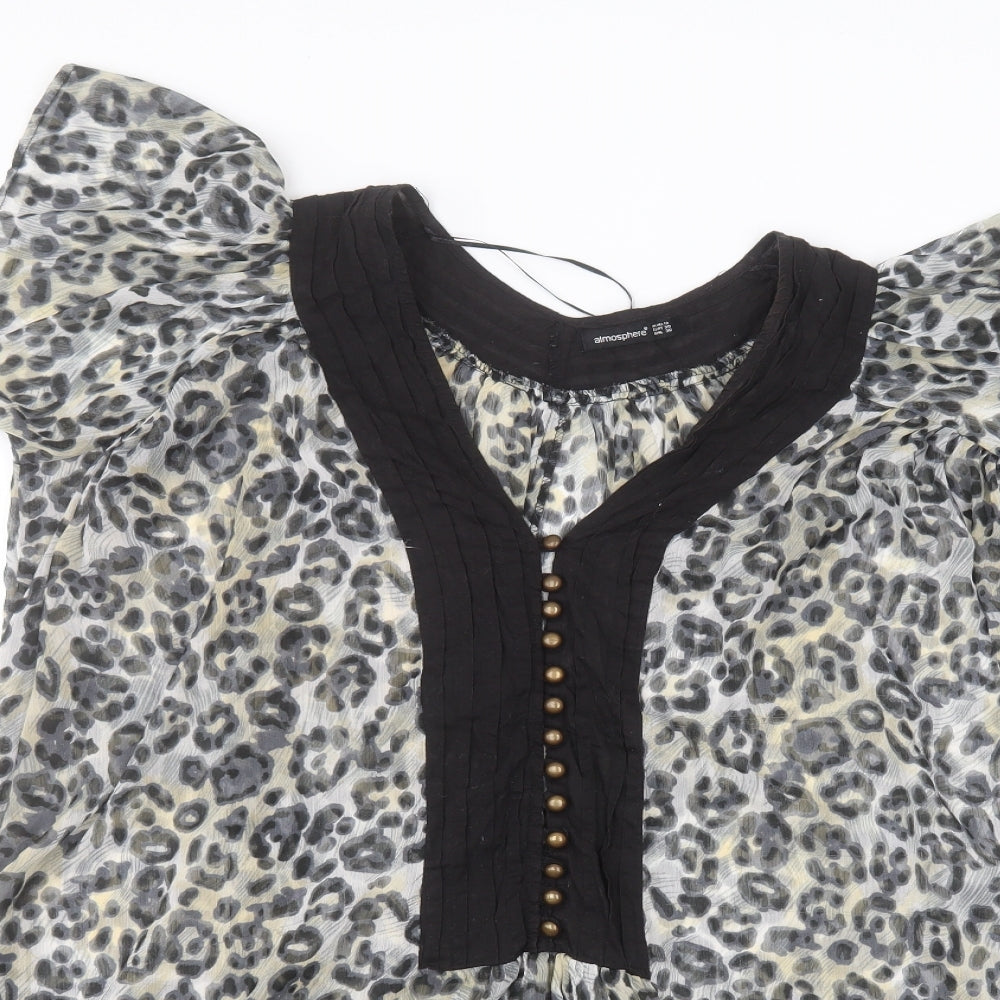 Atmosphere Womens Grey Animal Print Polyester Basic Blouse Size 10 Round Neck