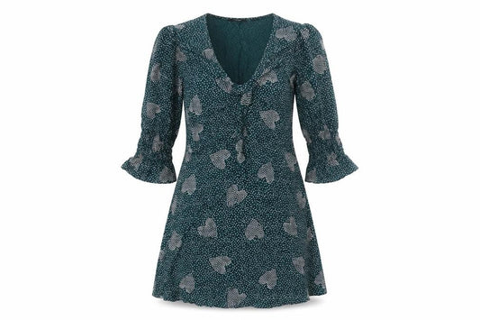 Lola Skye Womens Green  Viscose Fit & Flare  Size 8  V-Neck Pullover - Hearts