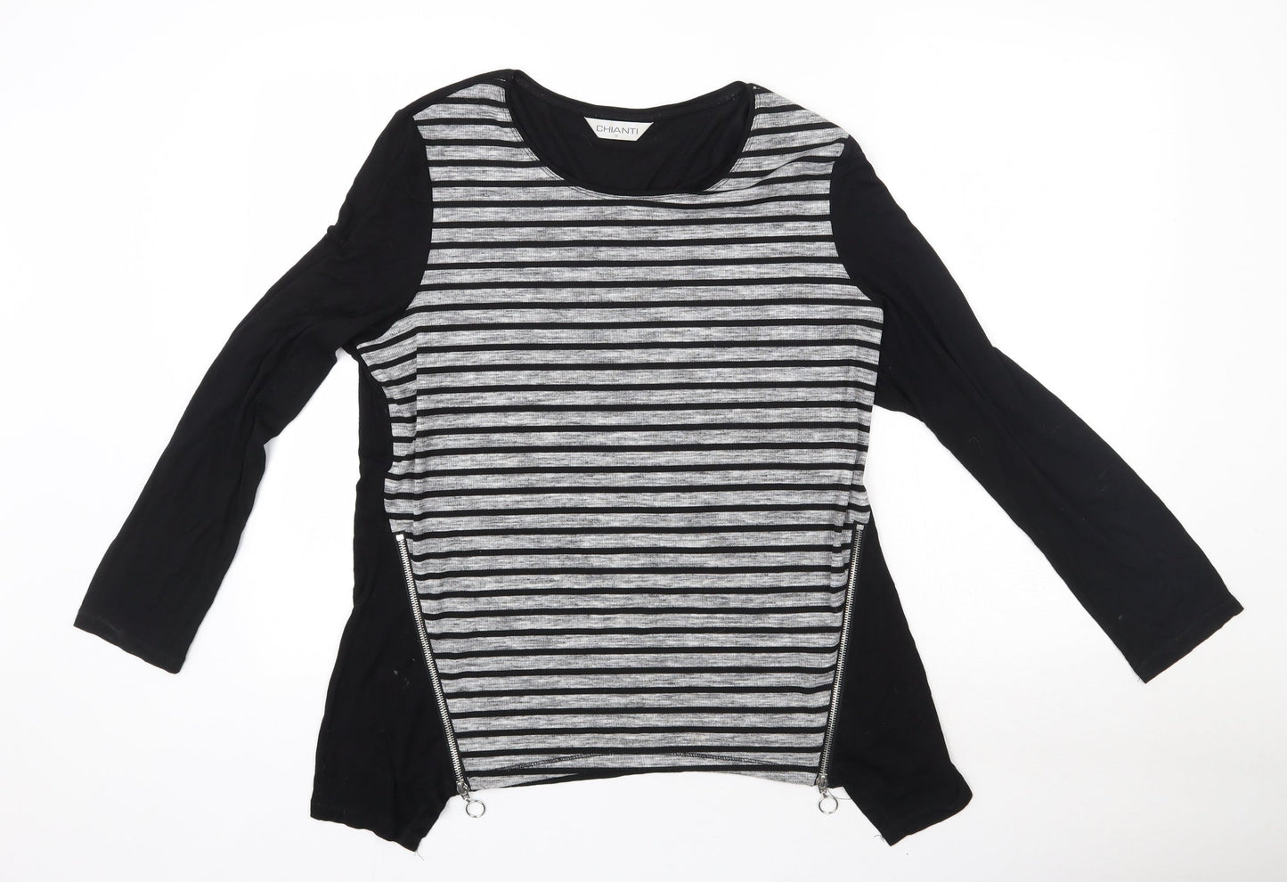 CHIANTI Womens Black Striped  Basic T-Shirt Size 16 Round Neck - Zip Detail