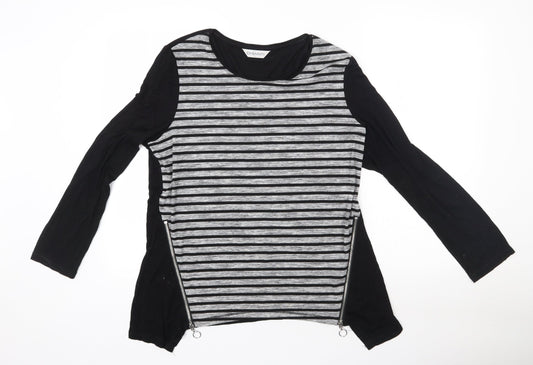 CHIANTI Womens Black Striped  Basic T-Shirt Size 16 Round Neck - Zip Detail