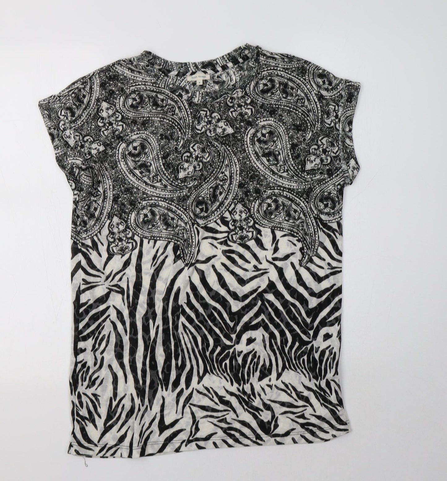 River Island Womens Black Paisley Polyester Basic Blouse Size 8 Crew Neck