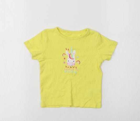 George Baby Yellow  Cotton Basic T-Shirt Size 9-12 Months Crew Neck  - Unicorn