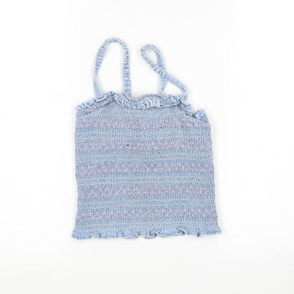 Marks & Spencer Girls Blue Striped Cotton Basic Tank Size 10-11 Years Square Neck