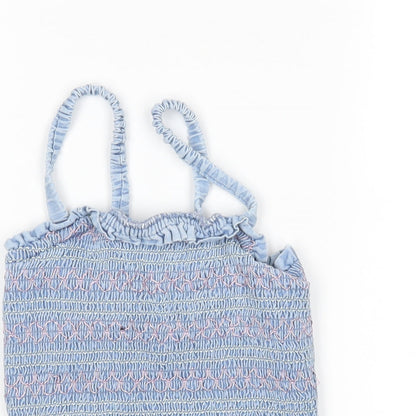 Marks & Spencer Girls Blue Striped Cotton Basic Tank Size 10-11 Years Square Neck