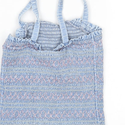 Marks & Spencer Girls Blue Striped Cotton Basic Tank Size 10-11 Years Square Neck