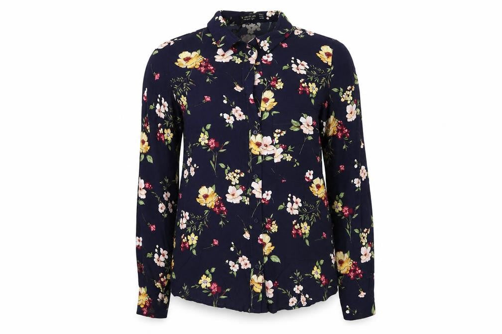 Bershka Womens Blue Floral Viscose Basic Button-Up Size S Collared