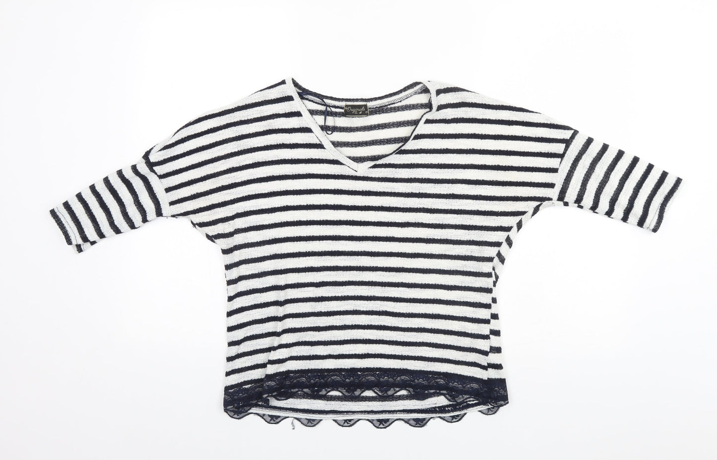 Preworn Womens White Round Neck Striped Cotton Pullover Jumper Size 12