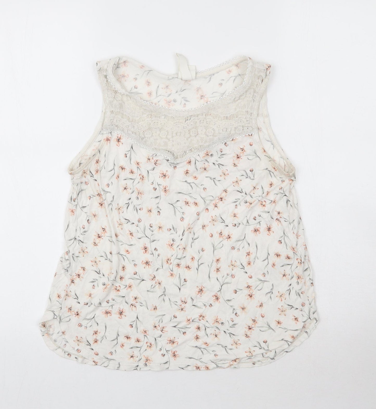 H&M Womens White Floral Viscose Basic Tank Size S Round Neck - Lace Detail