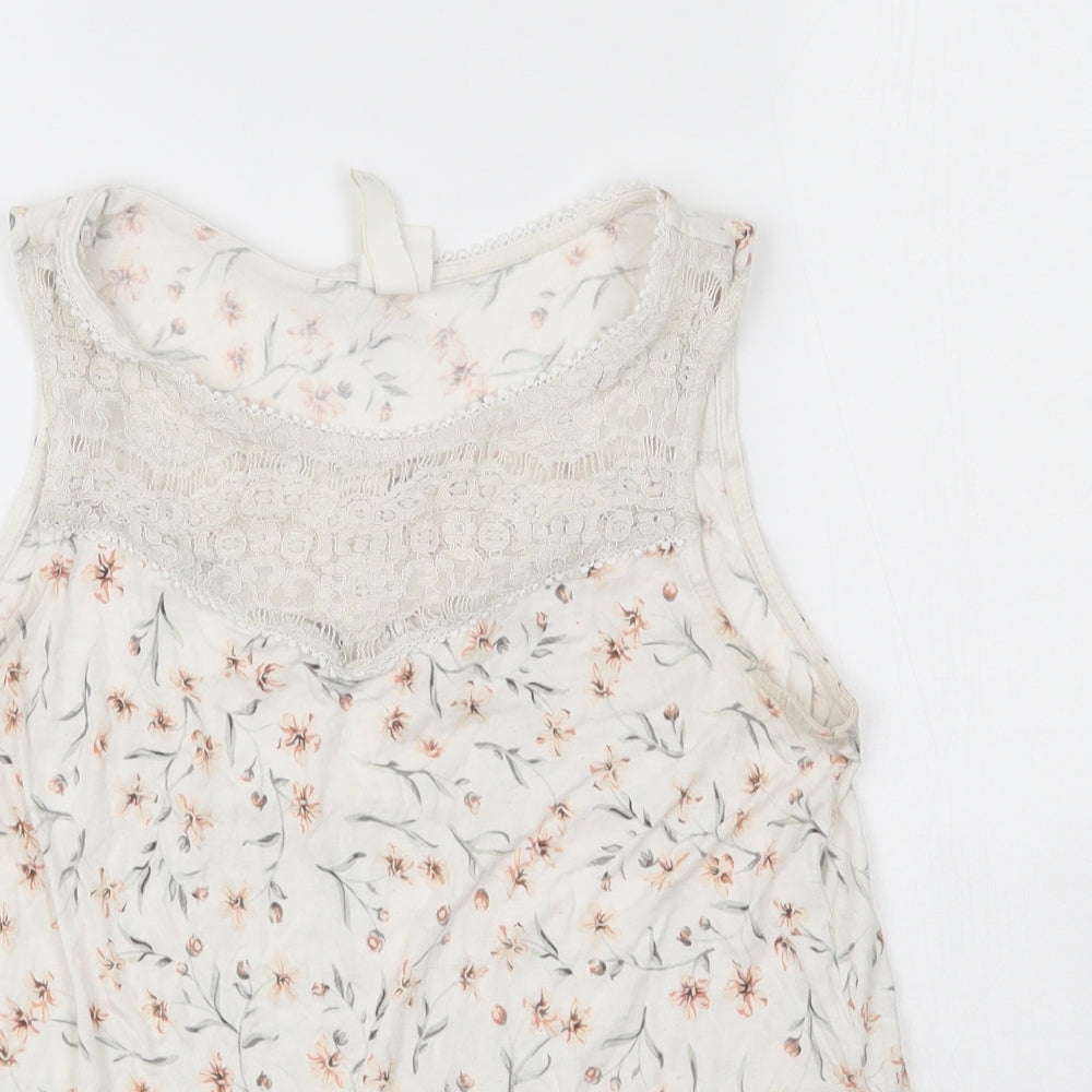 H&M Womens White Floral Viscose Basic Tank Size S Round Neck - Lace Detail