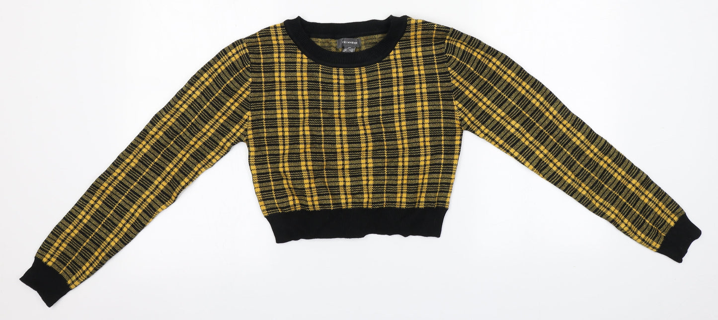 Primark Womens Yellow Roll Neck Plaid Viscose Pullover Jumper Size 4