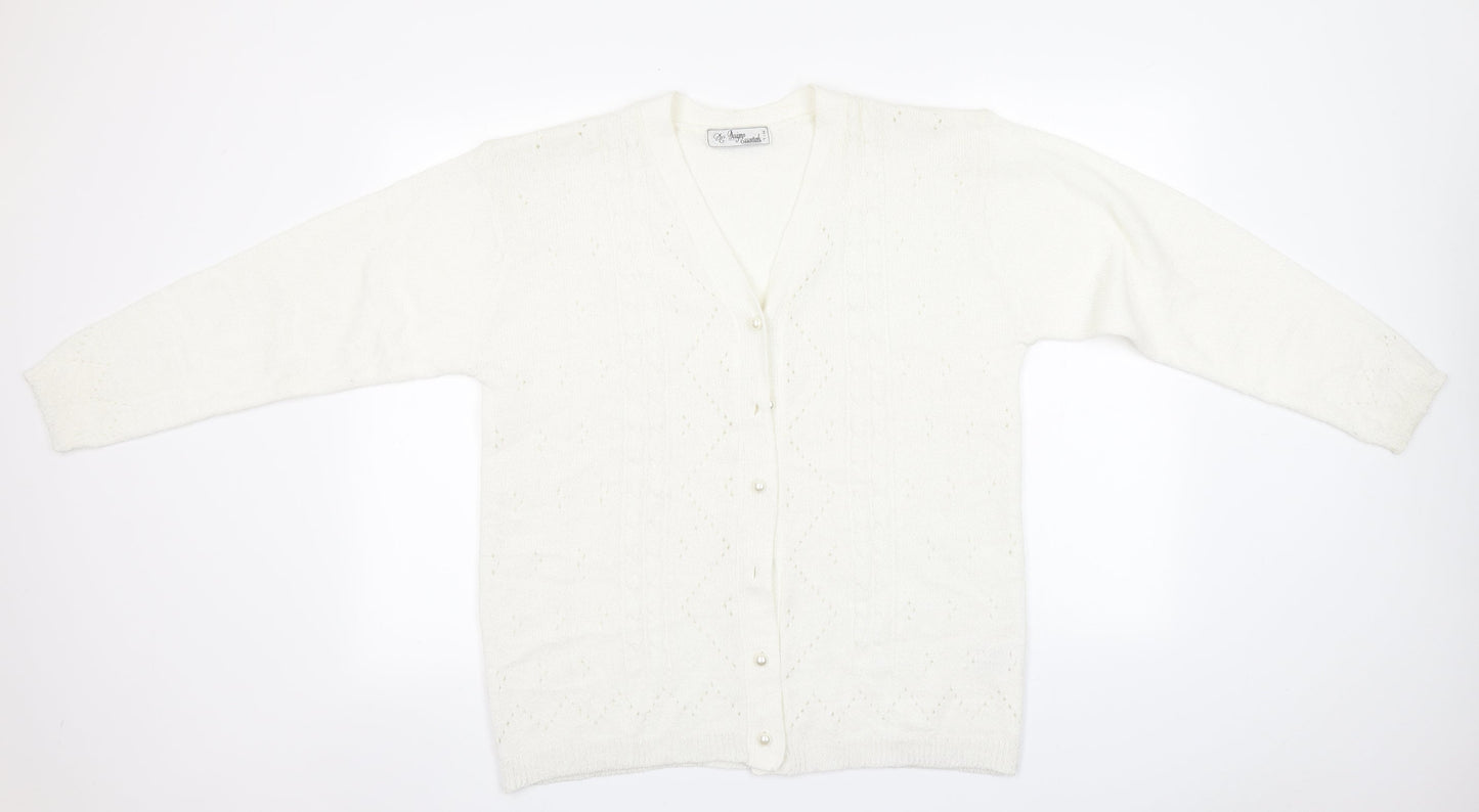 Preworn Womens White Round Neck  Acrylic Cardigan Jumper Size M
