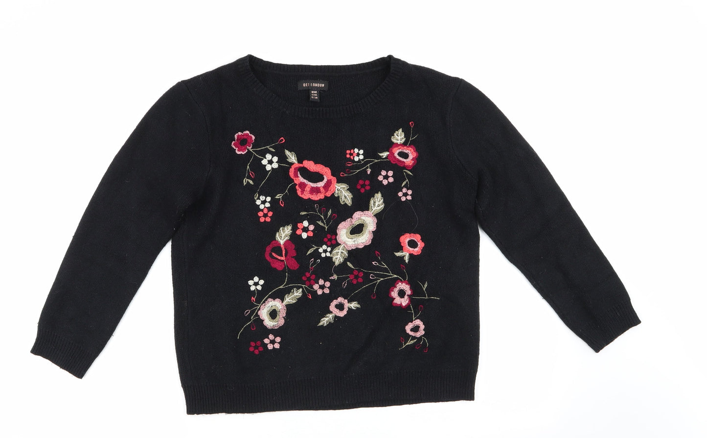 QED London Womens Black Round Neck Floral Viscose Pullover Jumper Size M   - Orange Red Ivory Pink