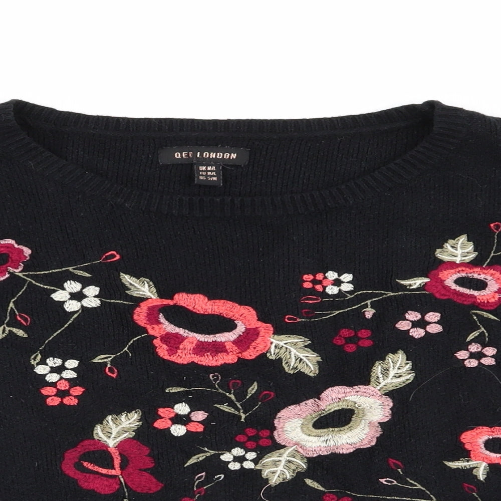 QED London Womens Black Round Neck Floral Viscose Pullover Jumper Size M   - Orange Red Ivory Pink