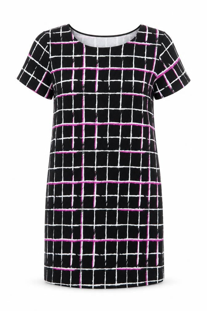 Select Womens Black Check Polyester Bodycon  Size 14  Round Neck  - Florescent Pink Black White