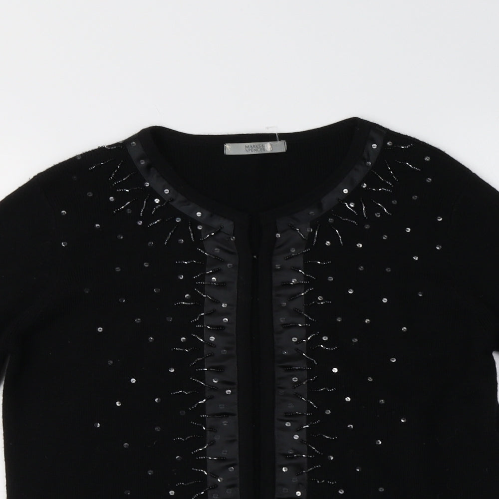 M&S Womens Black Crew Neck  Acrylic Cardigan Jumper Size 10