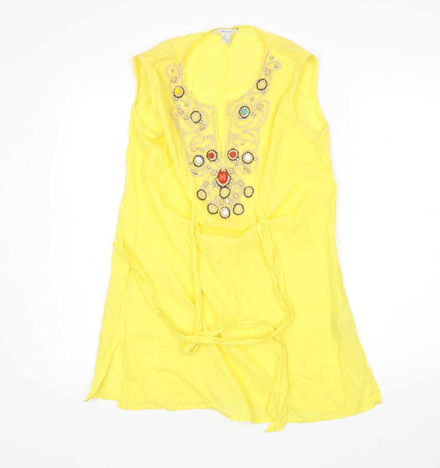 Zara Womens Yellow  Cotton Basic Blouse Size L V-Neck