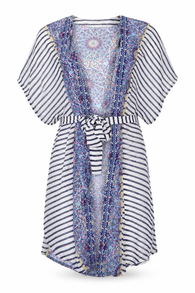 Warehouse Womens Blue Geometric Polyester Wrap Dress  Size M  V-Neck  - Beach Wrap
