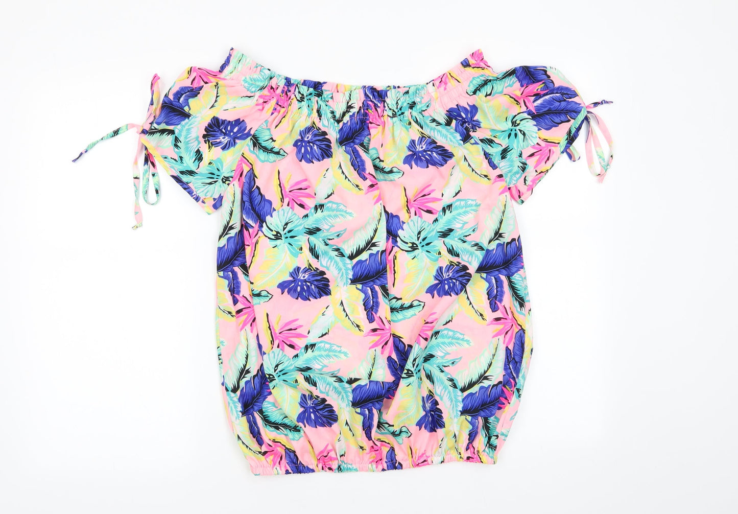 PEP & CO Womens Pink Floral Polyester Basic Blouse Size 16 Off the Shoulder - Pink Blue Yellow Elasticated Hem and Neckline