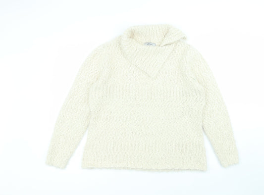 alexare Womens White Collared  Polyester Pullover Jumper Size L