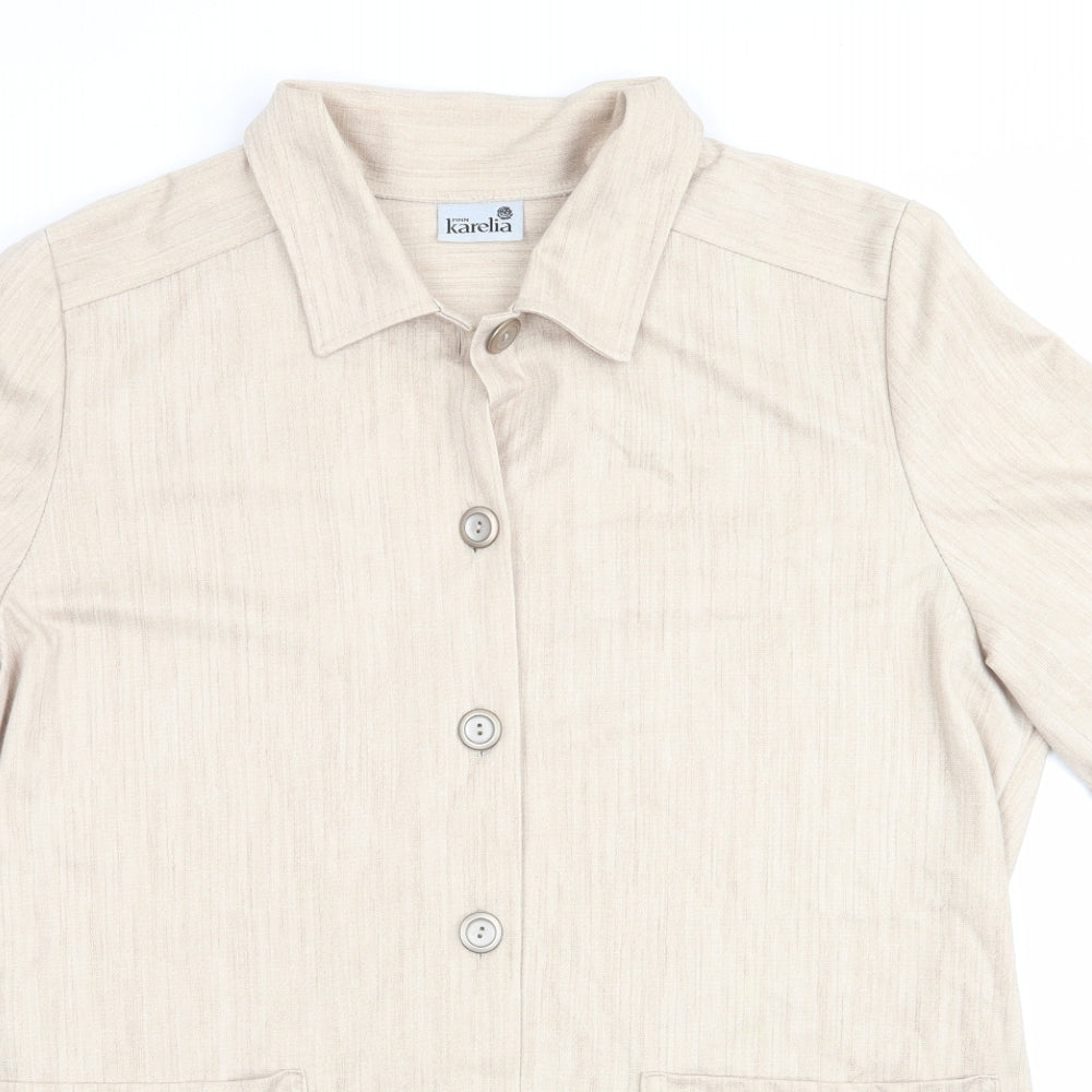 Finn Karelia Womens Beige  Polyester Basic Button-Up Size 16 Collared - Beige Mix Longline Shirt Jacket