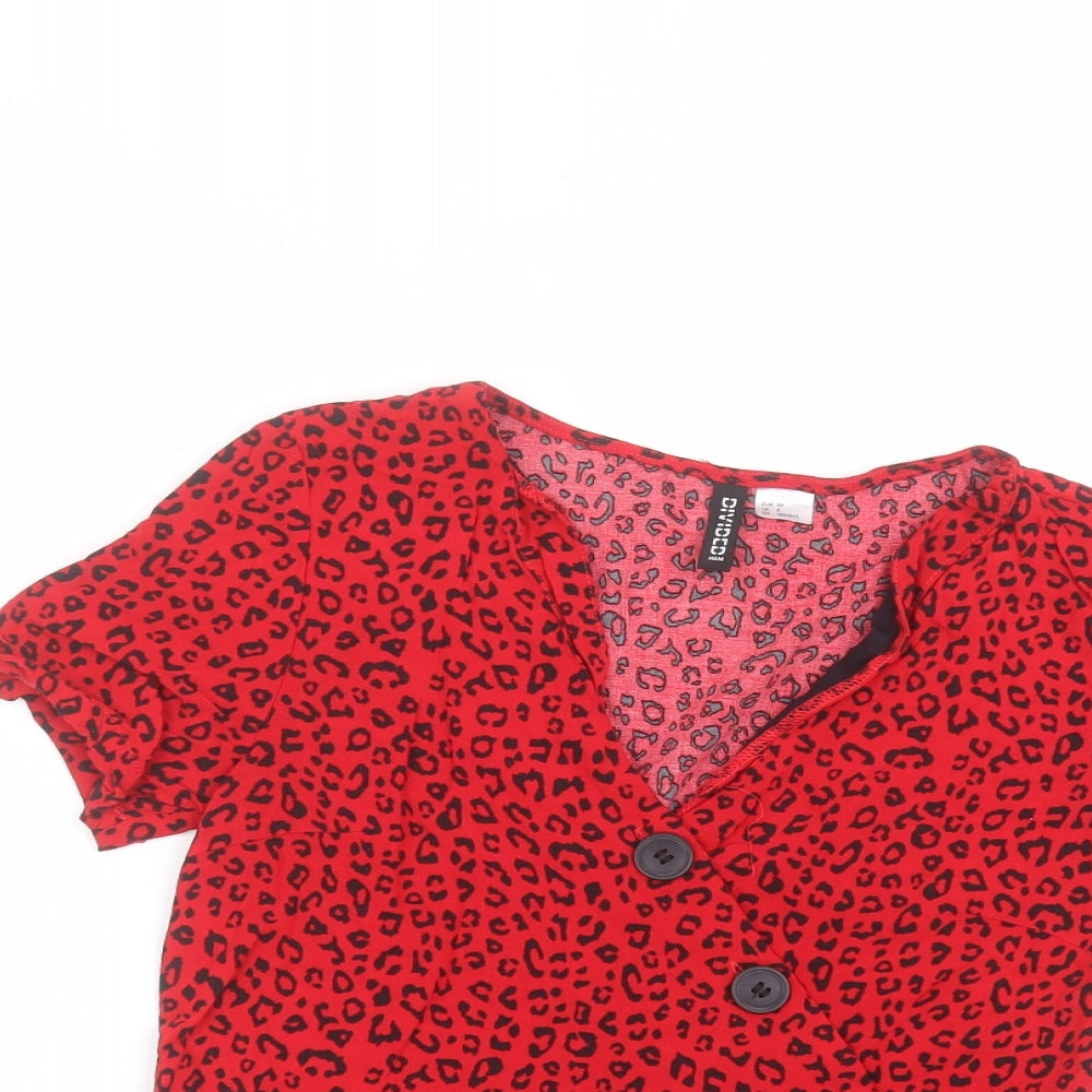 H&M Womens Red Animal Print Viscose Basic T-Shirt Size 8 Round Neck